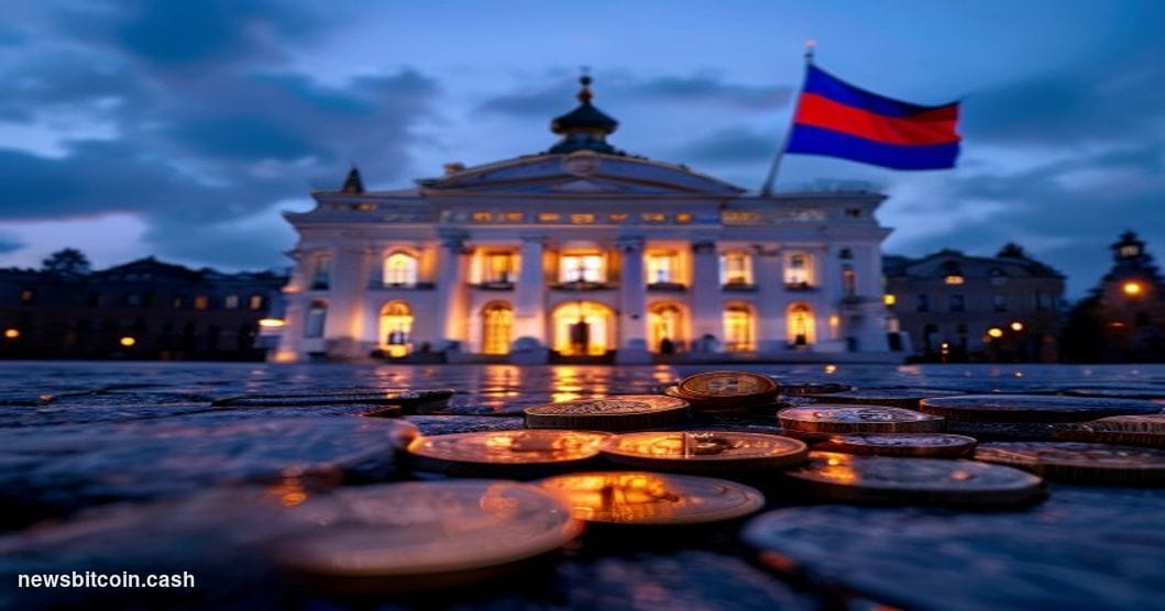 Cinematic photorealistic editorial photograph of the Russian State Duma building in Moscow at dusk, its grand neoclassical fa