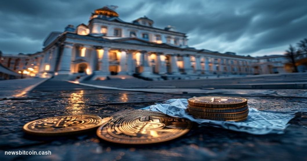 Cinematic photorealistic editorial photograph of the Russian State Duma building in Moscow — the grand neoclassical facade on