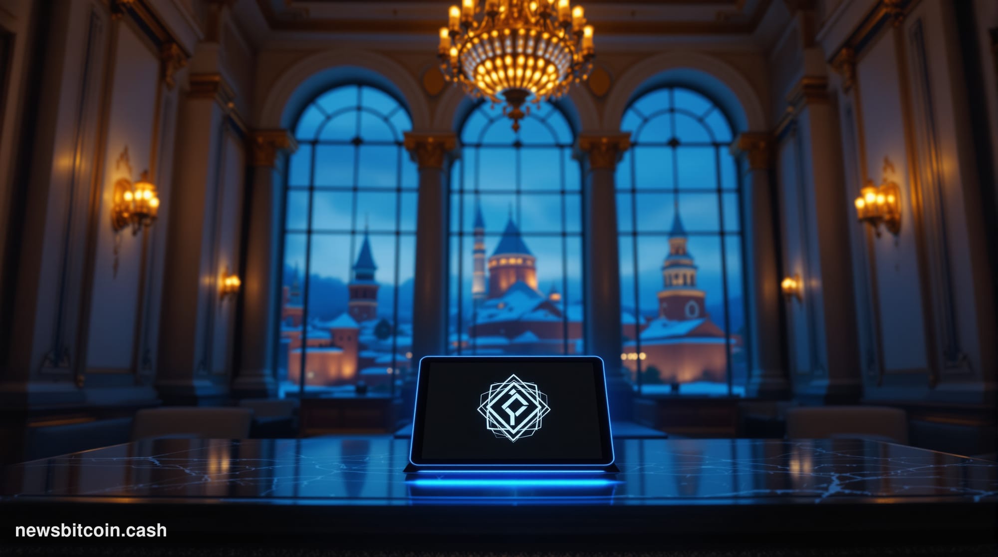 A cinematic photorealistic editorial photograph set inside a grand, marble-clad Russian central bank interior, shot from a lo