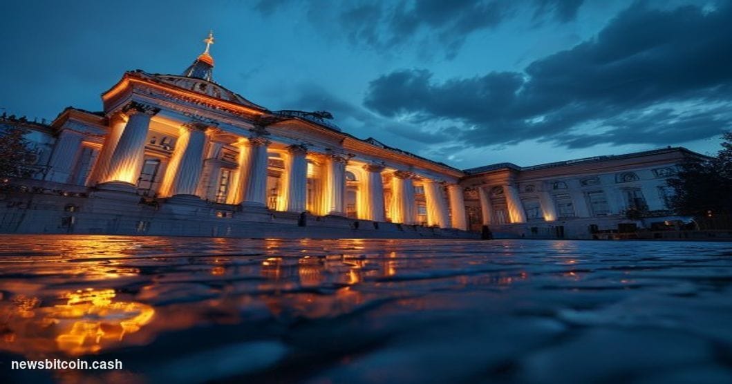 Cinematic photorealistic editorial photograph of the Russian State Duma building in Moscow — its imposing neoclassical facade
