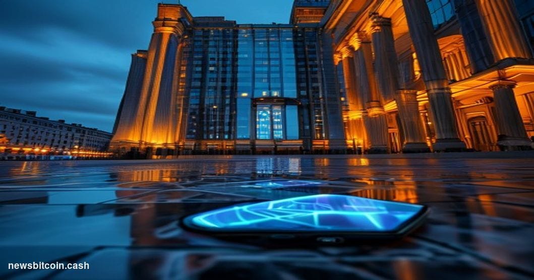 Cinematic photorealistic editorial photograph of Sberbank's iconic green-branded Moscow headquarters building at dusk, shot f