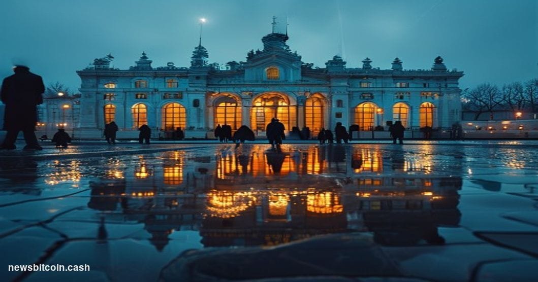 Cinematic photorealistic editorial photograph of the Russian State Duma building in Moscow, its grand neoclassical facade ill