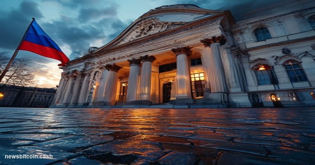 Cinematic photorealistic editorial photograph of the exterior of the State Duma building in Moscow, Russia, shot at dusk with