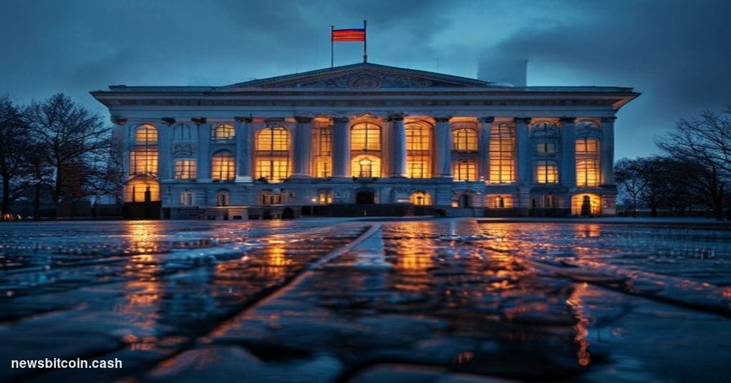 Cinematic photorealistic editorial photograph of the Russian State Duma building in Moscow at dusk, its neoclassical facade i