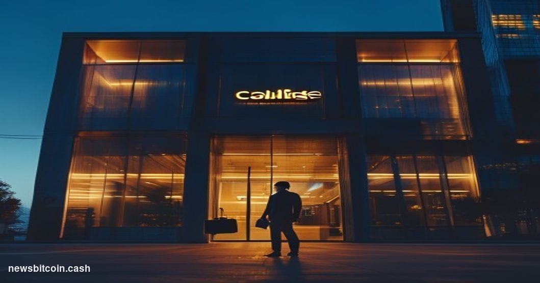 Cinematic photorealistic editorial photograph of Coinbase's San Francisco office exterior at dusk, shot from a low angle look