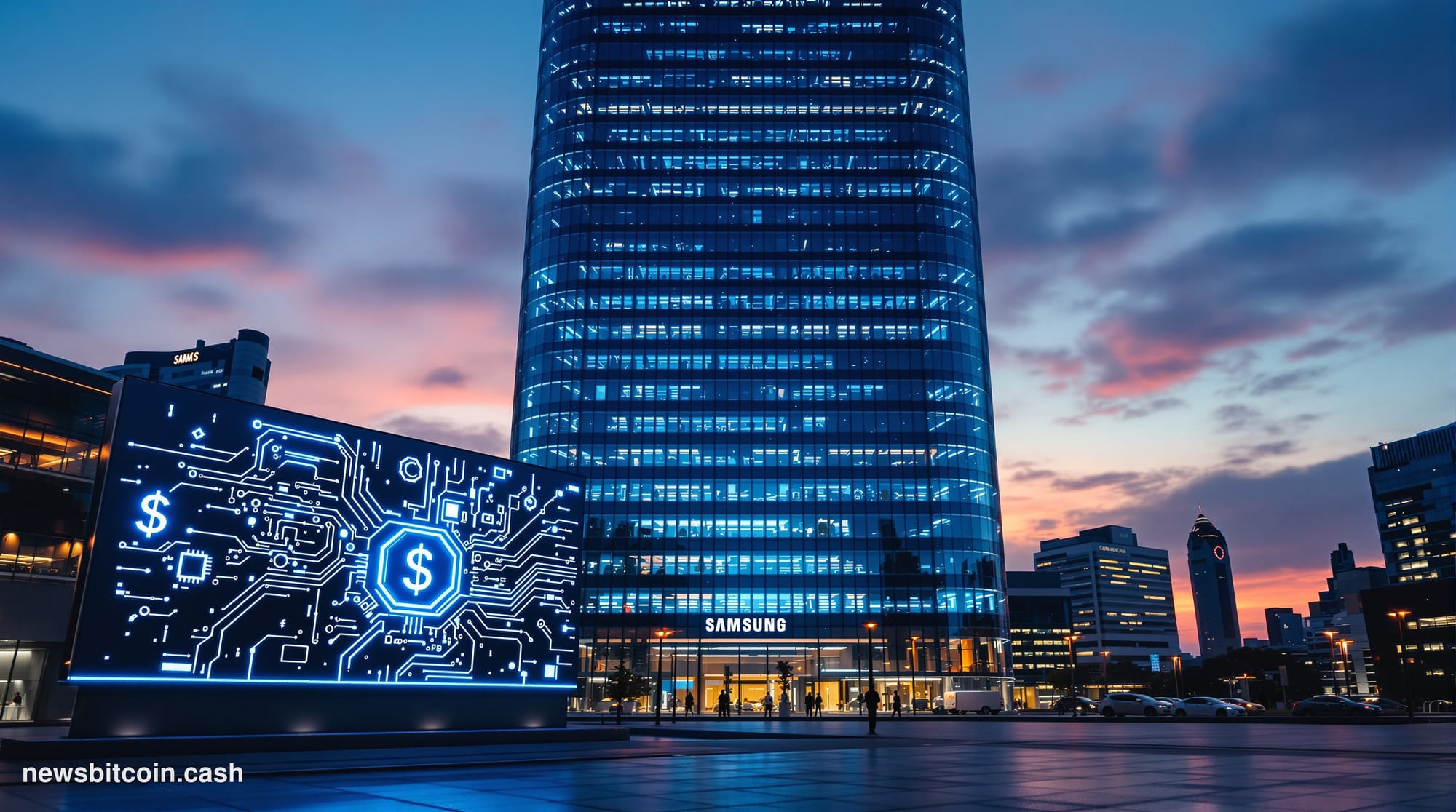Cinematic photorealistic editorial photograph shot at dusk from street level looking up at the Samsung Electronics corporate 