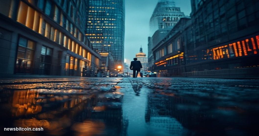 Cinematic photorealistic editorial photograph of a somber London financial district street scene at dusk, shot from a low ang