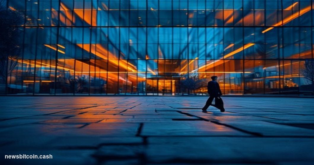 Cinematic photorealistic editorial photograph of the Microsoft headquarters campus in Redmond, Washington, shot at dusk from 