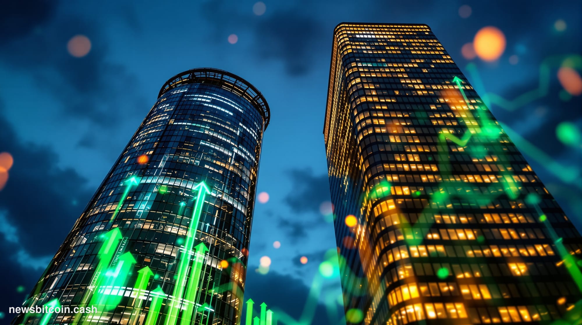 A cinematic photorealistic editorial photograph shot at a low angle looking up at two distinct towers — one representing a cl