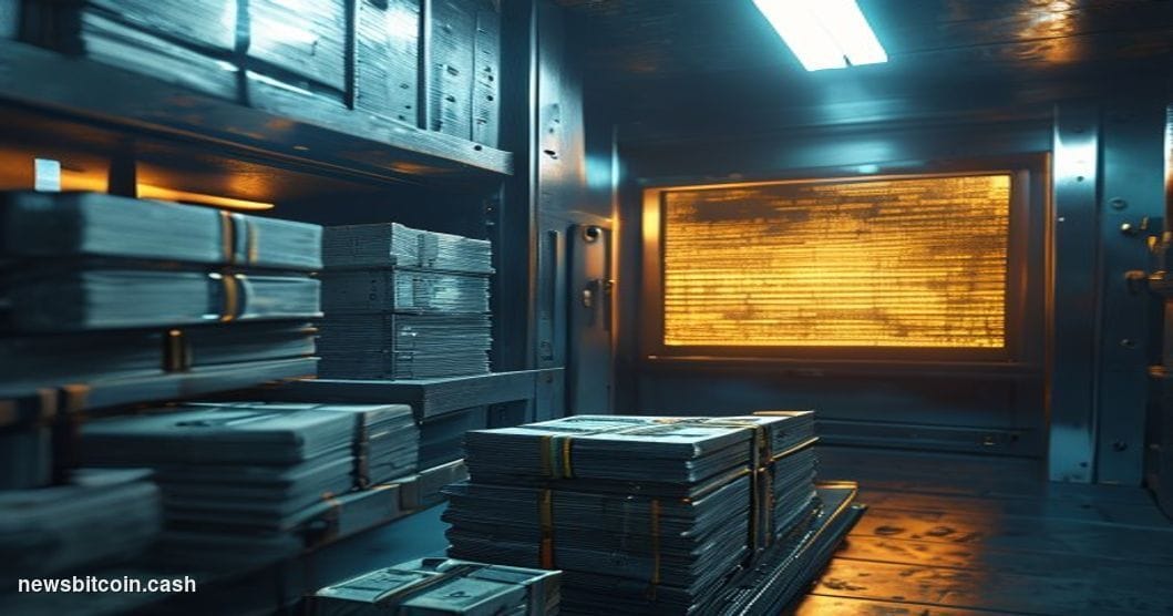 A cinematic photorealistic editorial photograph of a corporate treasury vault interior bathed in cold blue-white fluorescent 