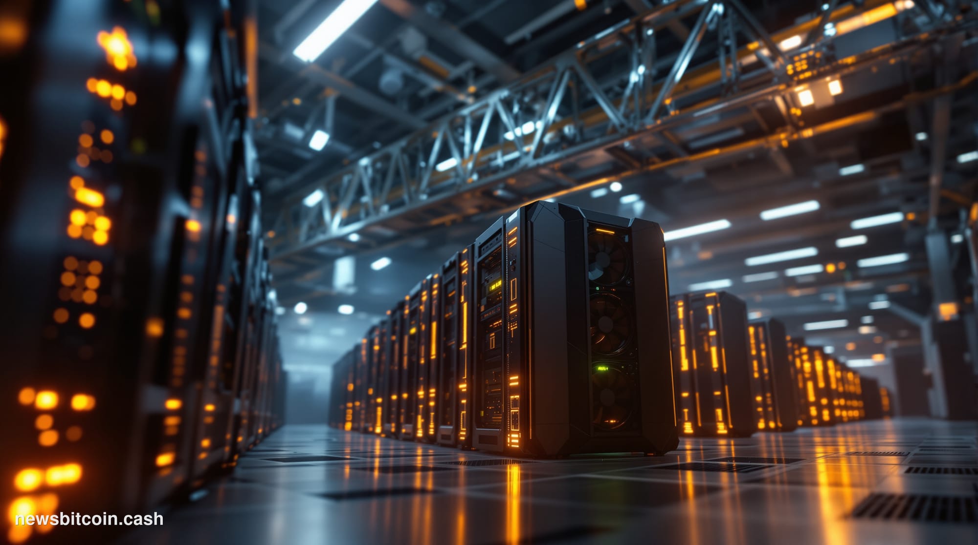 Cinematic photorealistic editorial photograph of a large-scale industrial Bitcoin mining facility interior in Japan, with row