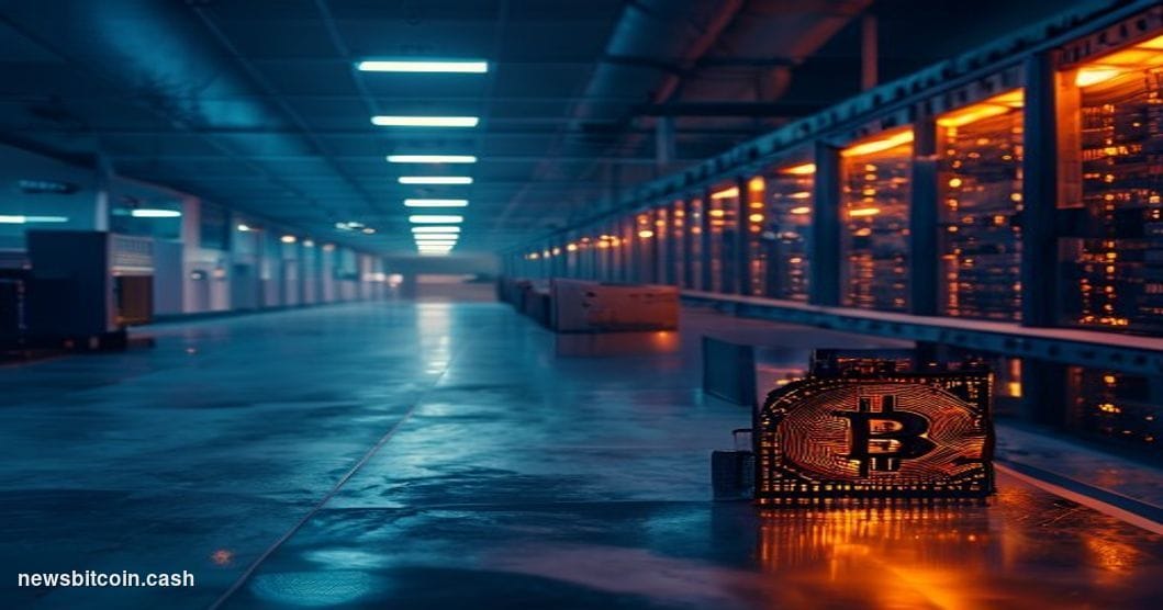 Cinematic photorealistic editorial photograph of a large-scale Bitcoin mining facility going dark — rows of ASIC mining rigs 