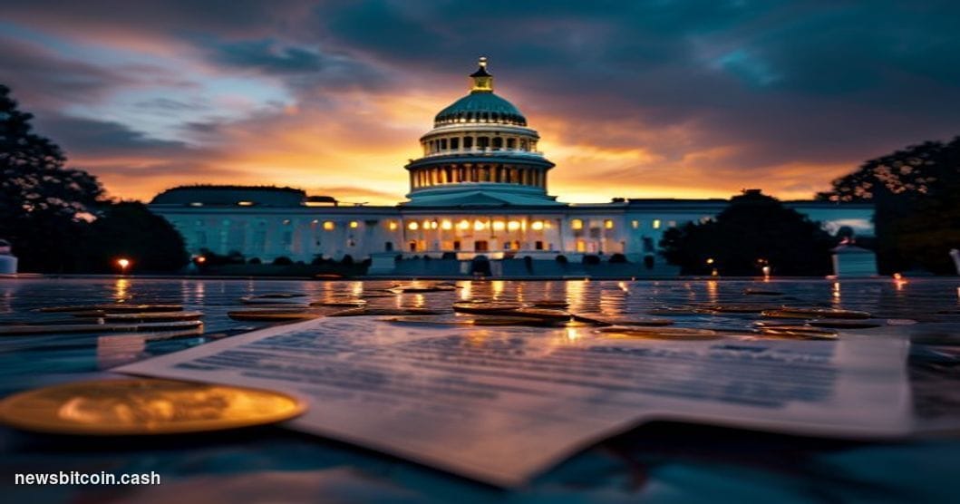 Cinematic photorealistic editorial photograph of the United States Capitol Building at dusk, shot from a low angle along the 