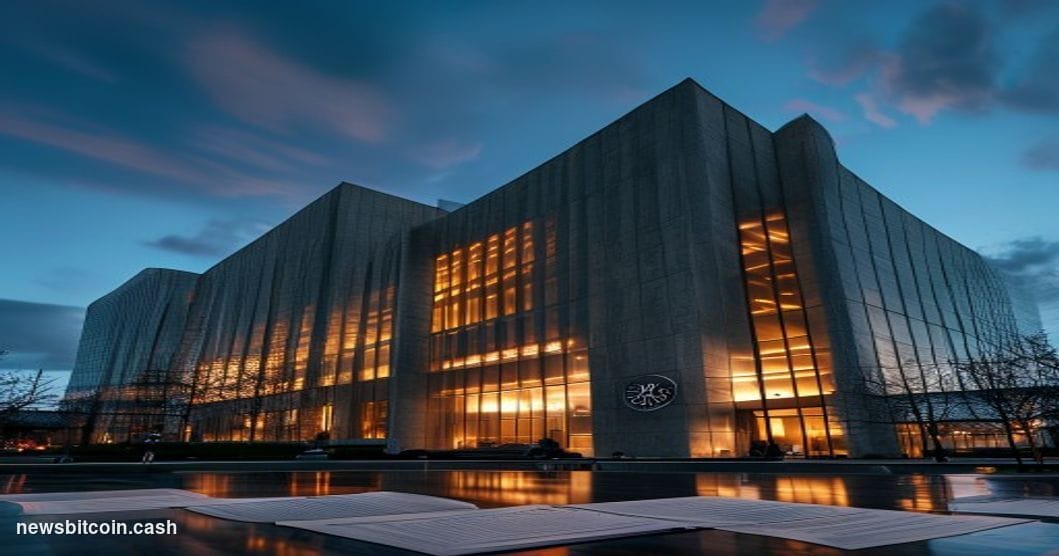 Cinematic photorealistic editorial photograph of the SEC headquarters building in Washington D.C. — the distinctive brutalist