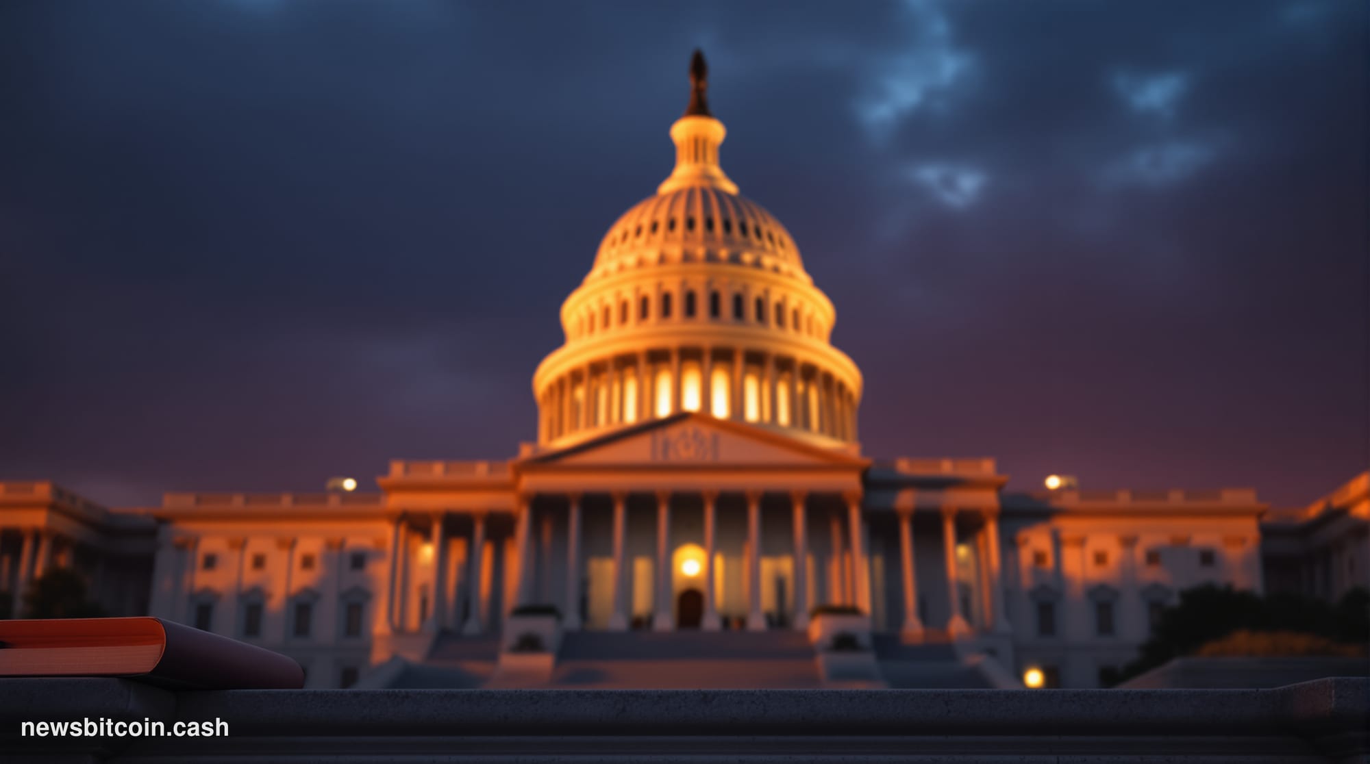 Cinematic photorealistic editorial photograph of the United States Capitol building in Washington D.C., shot from a low angle