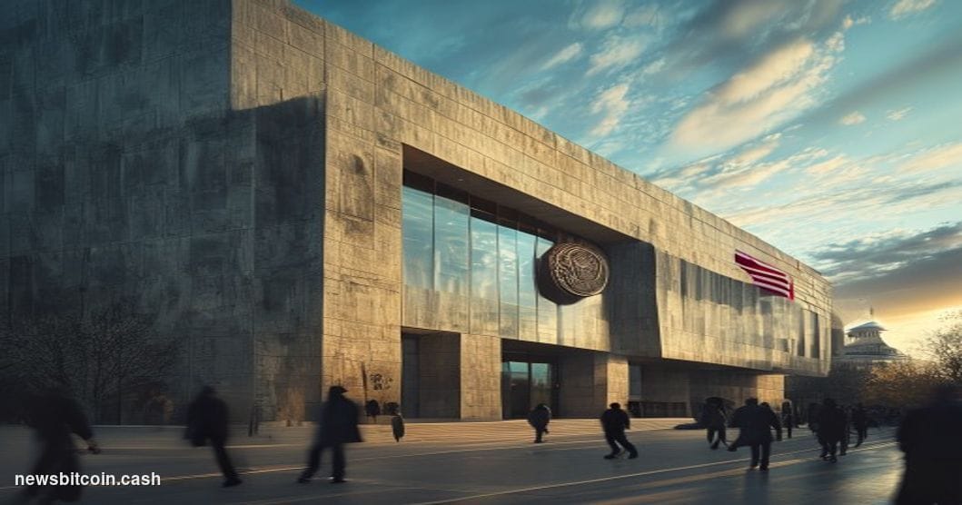Cinematic photorealistic editorial photograph of the SEC headquarters building in Washington D.C. — the brutalist stone facad