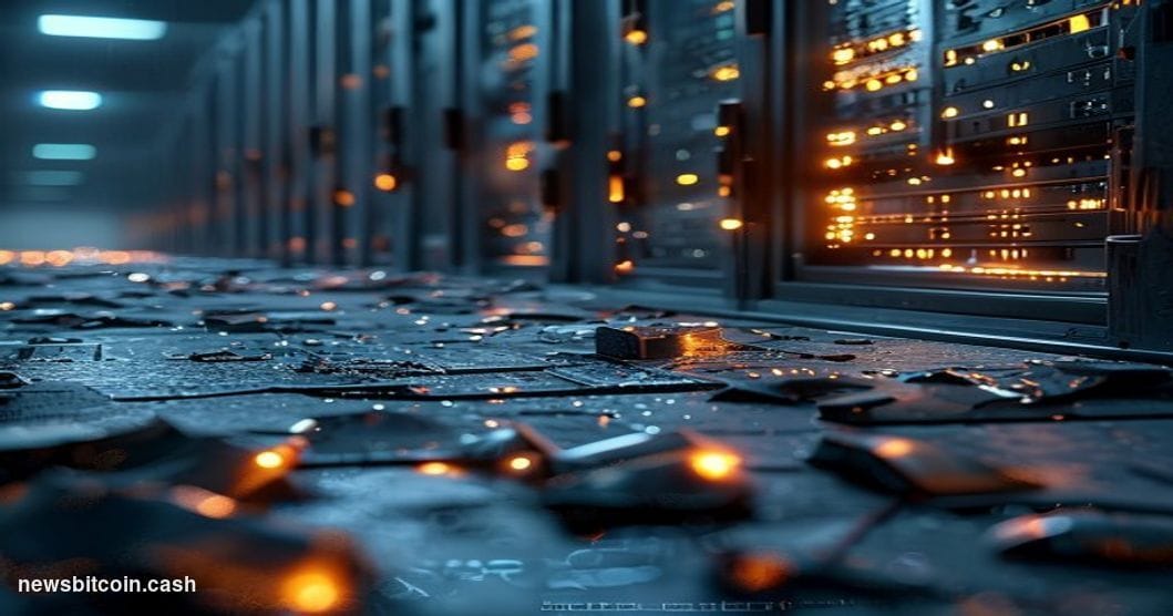 A dramatic close-up shot of a cracked and fractured digital vault door rendered in dark gunmetal grey, with the faint glow of
