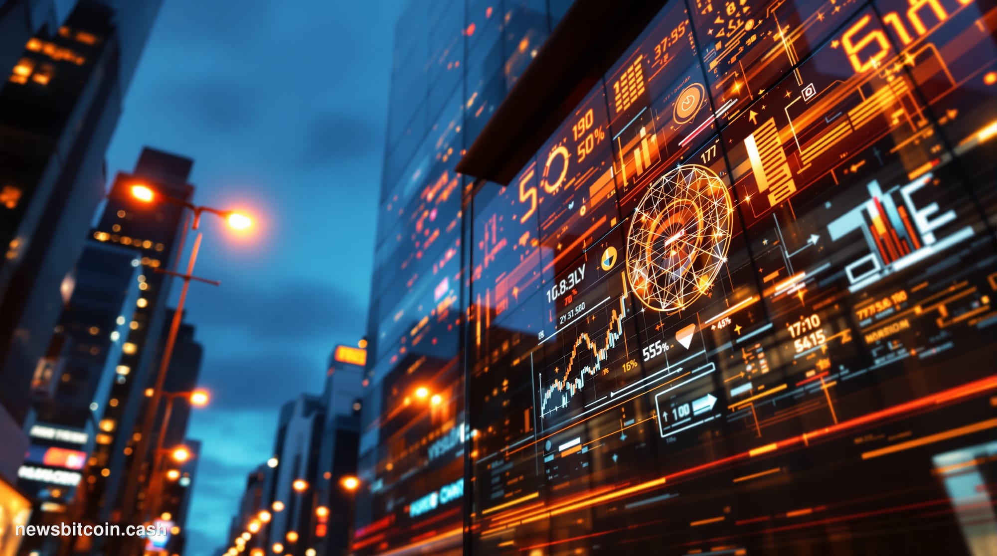 Cinematic photorealistic editorial photograph of the Cantor Fitzgerald headquarters facade in Midtown Manhattan, shot from a 