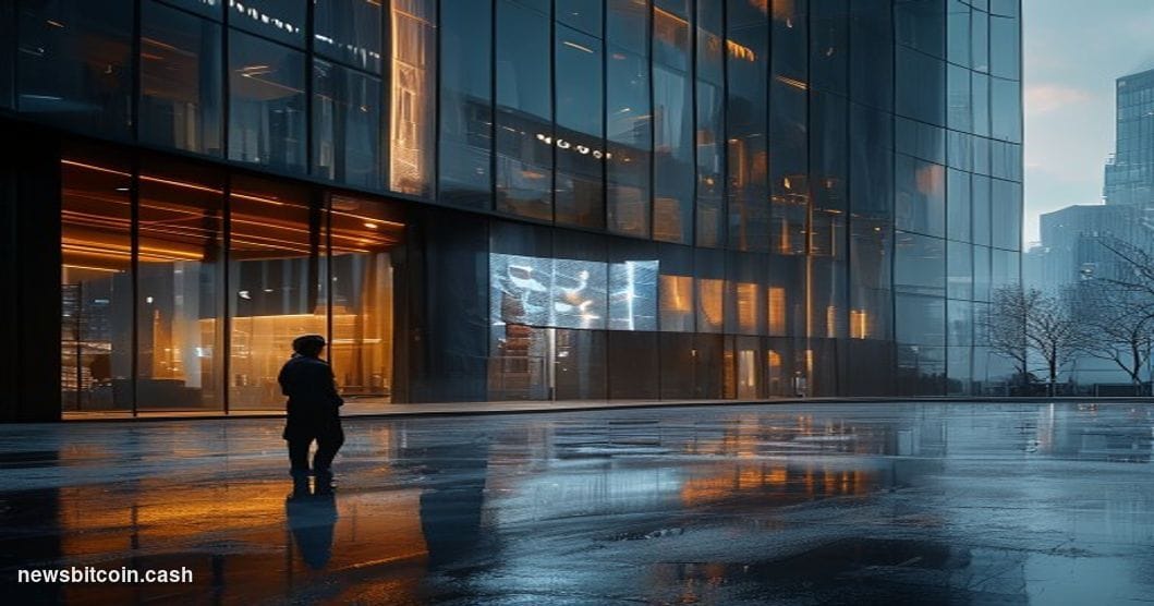 Cinematic photorealistic editorial photograph of a sleek institutional financial district office building entrance at dusk, w