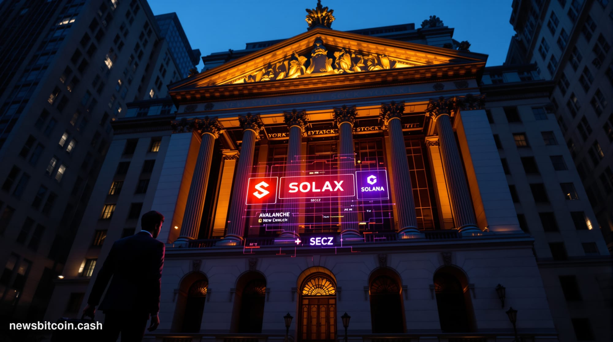 Cinematic photorealistic editorial photograph of the New York Stock Exchange building on Wall Street, facade lit with warm go