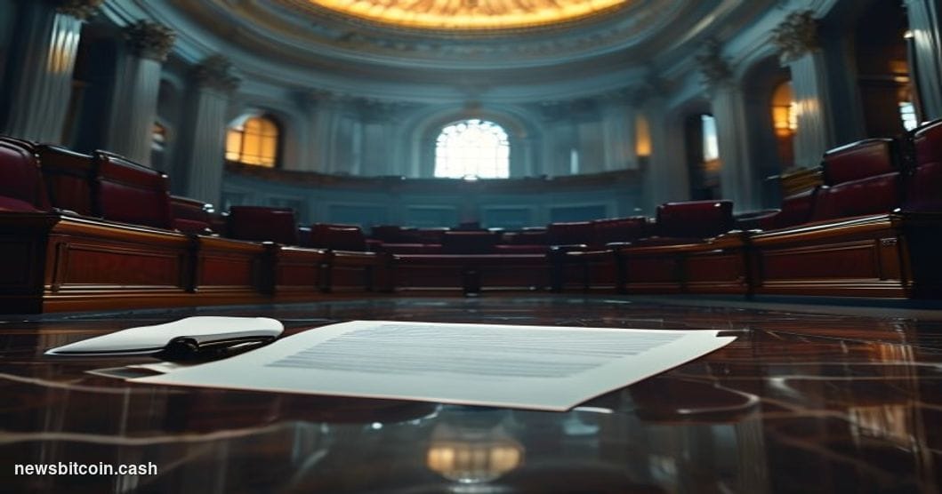 Cinematic photorealistic editorial photograph of the United States Senate chamber viewed from a low angle, with dramatic chia