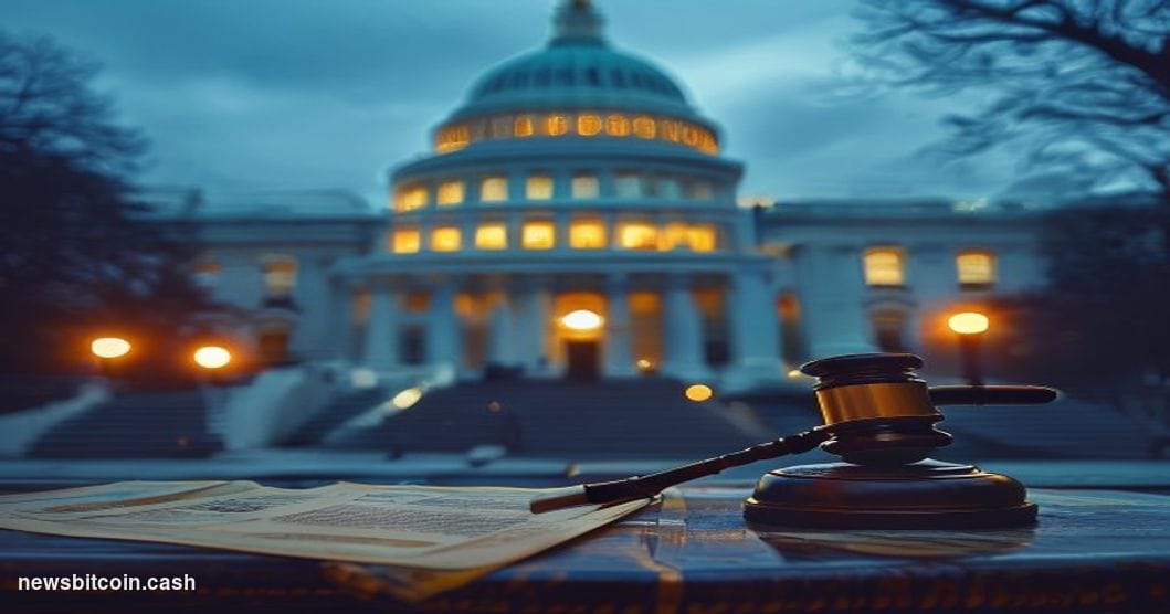 A cinematic photorealistic editorial photograph of the United States Capitol building at dusk, shot from a low angle looking 