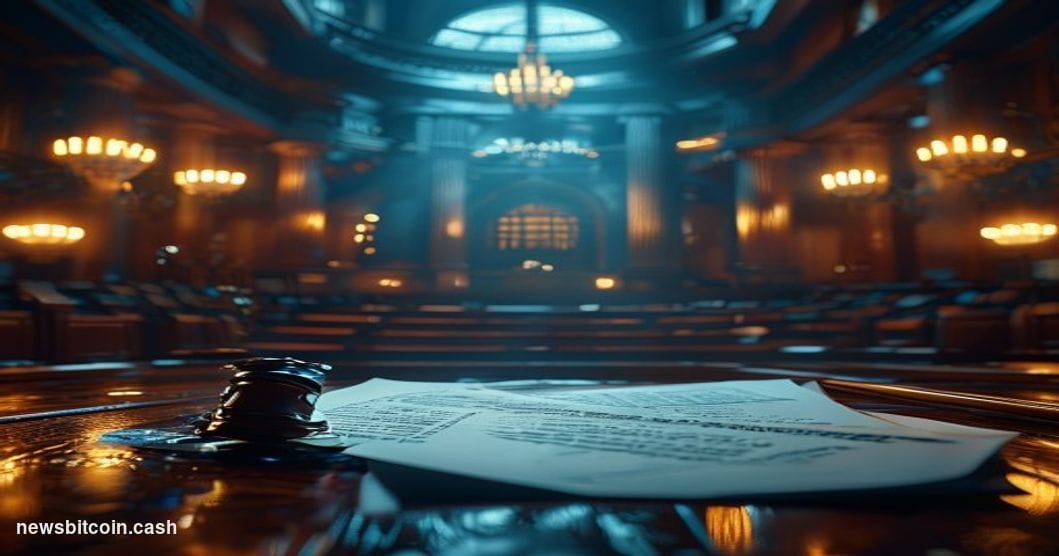 Cinematic photorealistic editorial photograph of the United States Senate chamber interior, shot from a low angle looking up 