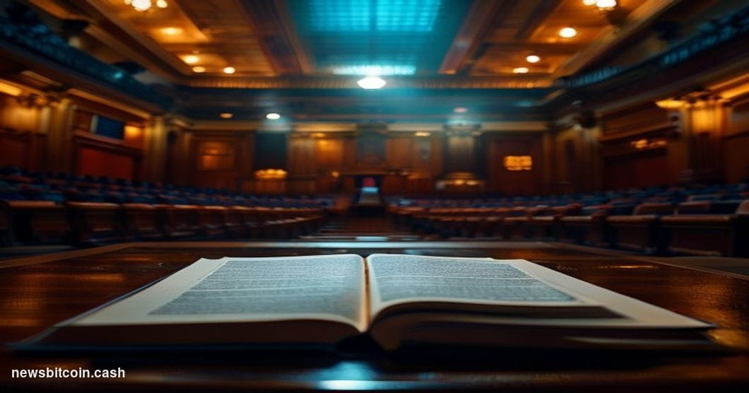 Cinematic photorealistic editorial photograph of the United States Senate chamber interior, shot from a low angle looking up 