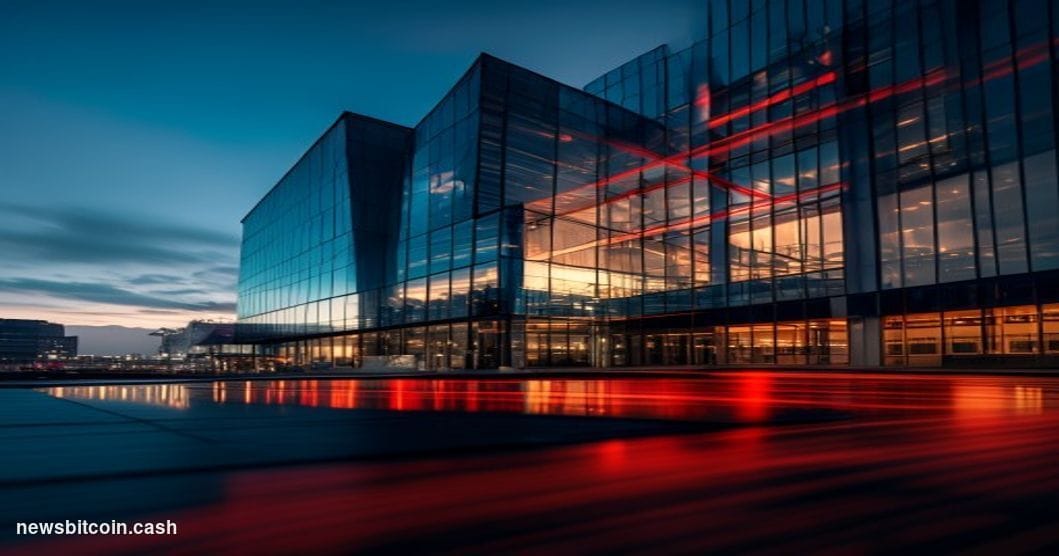 Cinematic photorealistic editorial photograph of the SK Hynix headquarters building in Icheon, South Korea, shot from a low a