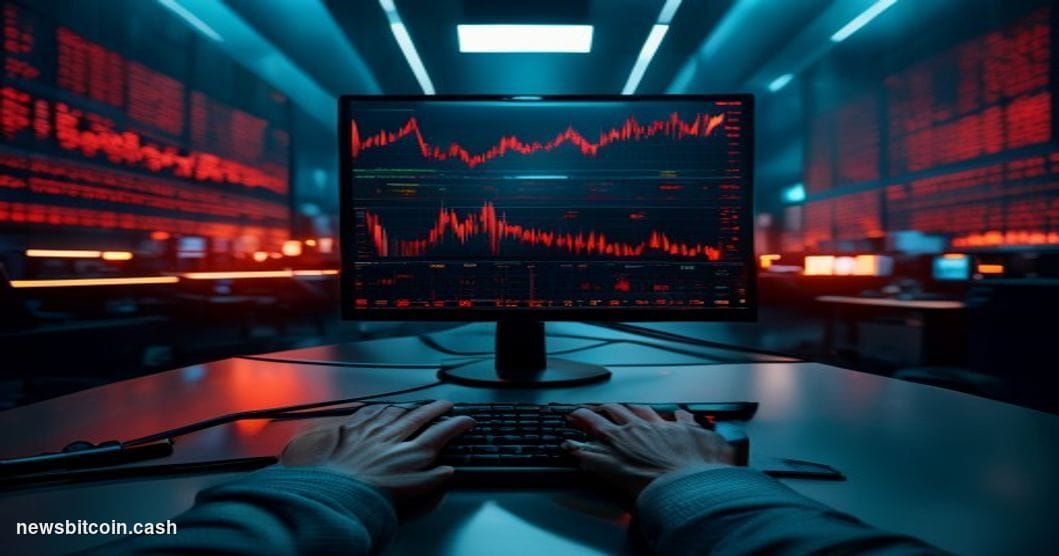 Cinematic photorealistic editorial photograph of a high-stakes trading floor environment, dramatically lit from above with co
