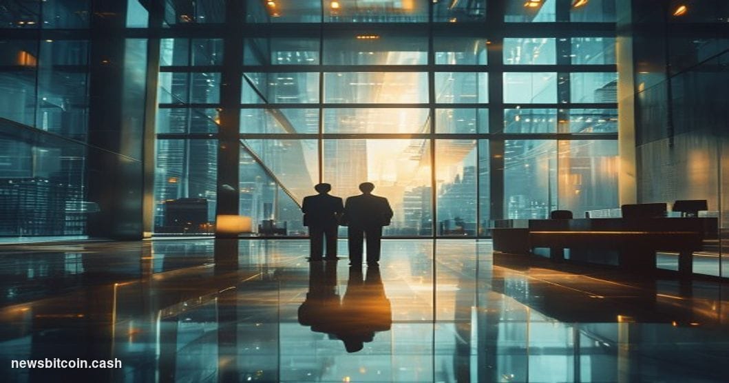 Cinematic photorealistic editorial photograph of a modern glass-and-steel financial trust office lobby bearing the name "Conn