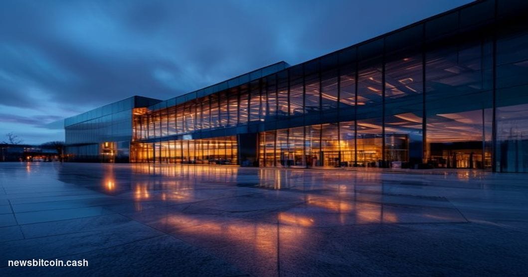 Cinematic photorealistic editorial photograph of a sleek modern banking headquarters at dusk, with a Sony Bank branded glass 