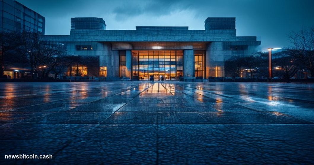 Cinematic photorealistic editorial photograph of the Bank of Korea's imposing granite headquarters in central Seoul, South Ko
