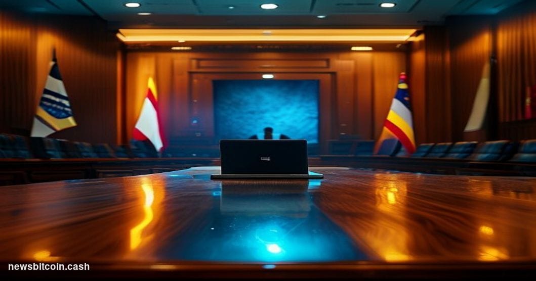 Cinematic photorealistic editorial photograph of a formal South Korean government hearing chamber in Seoul, shot from a low w
