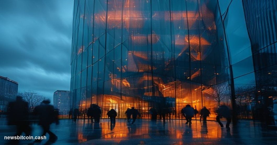 Cinematic photorealistic editorial photograph of the Korea Exchange building in Yeouido, Seoul's financial district, shot fro