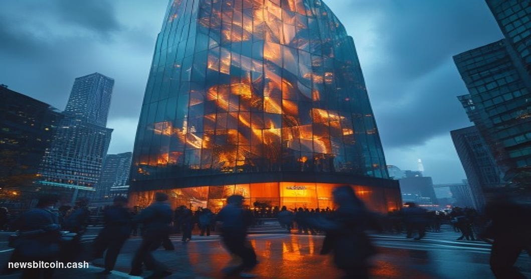 Cinematic photorealistic editorial photograph of the Korea Exchange building in Yeouido, Seoul's financial district, shot at 