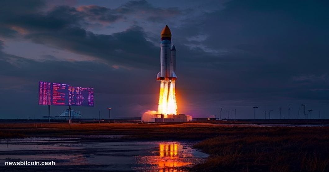 Cinematic photorealistic editorial photograph of a SpaceX rocket launch pad at Starbase, Texas, shot at dusk from a low angle