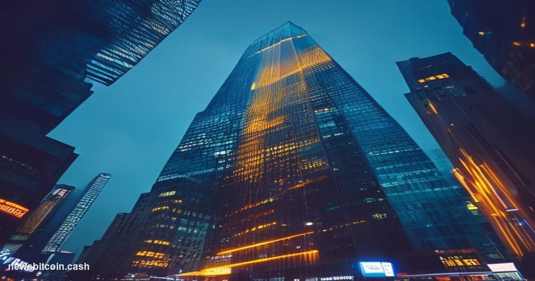Cinematic photorealistic editorial photograph of Standard Chartered's iconic Hong Kong headquarters tower at dusk, shot from 