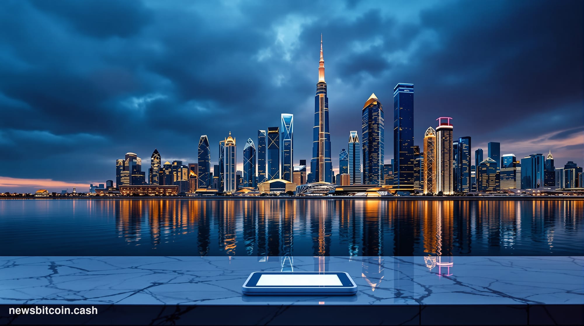 Cinematic photorealistic editorial photograph of the Dubai International Financial Centre skyline at dusk, with the iconic Ga