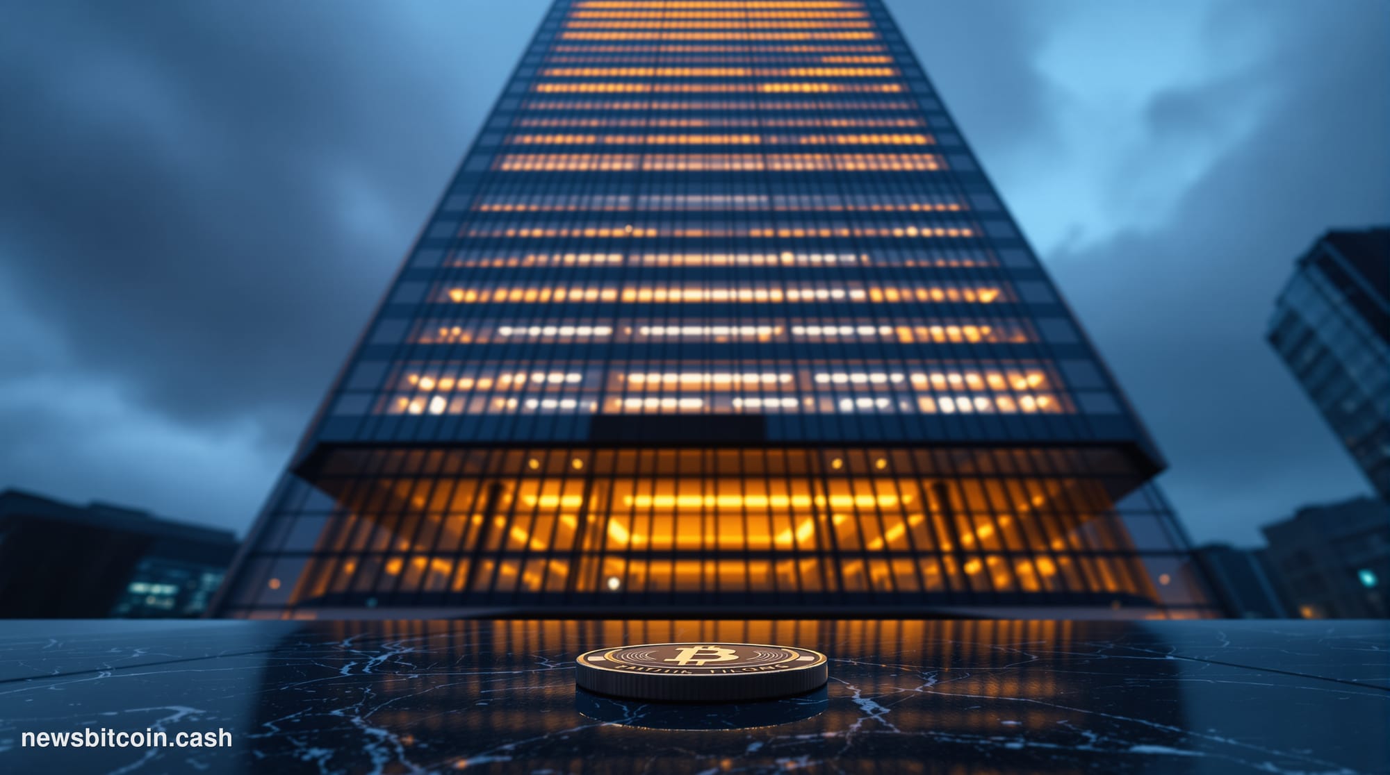 Cinematic photorealistic editorial photograph of Standard Chartered's iconic Hong Kong headquarters tower on a moody overcast