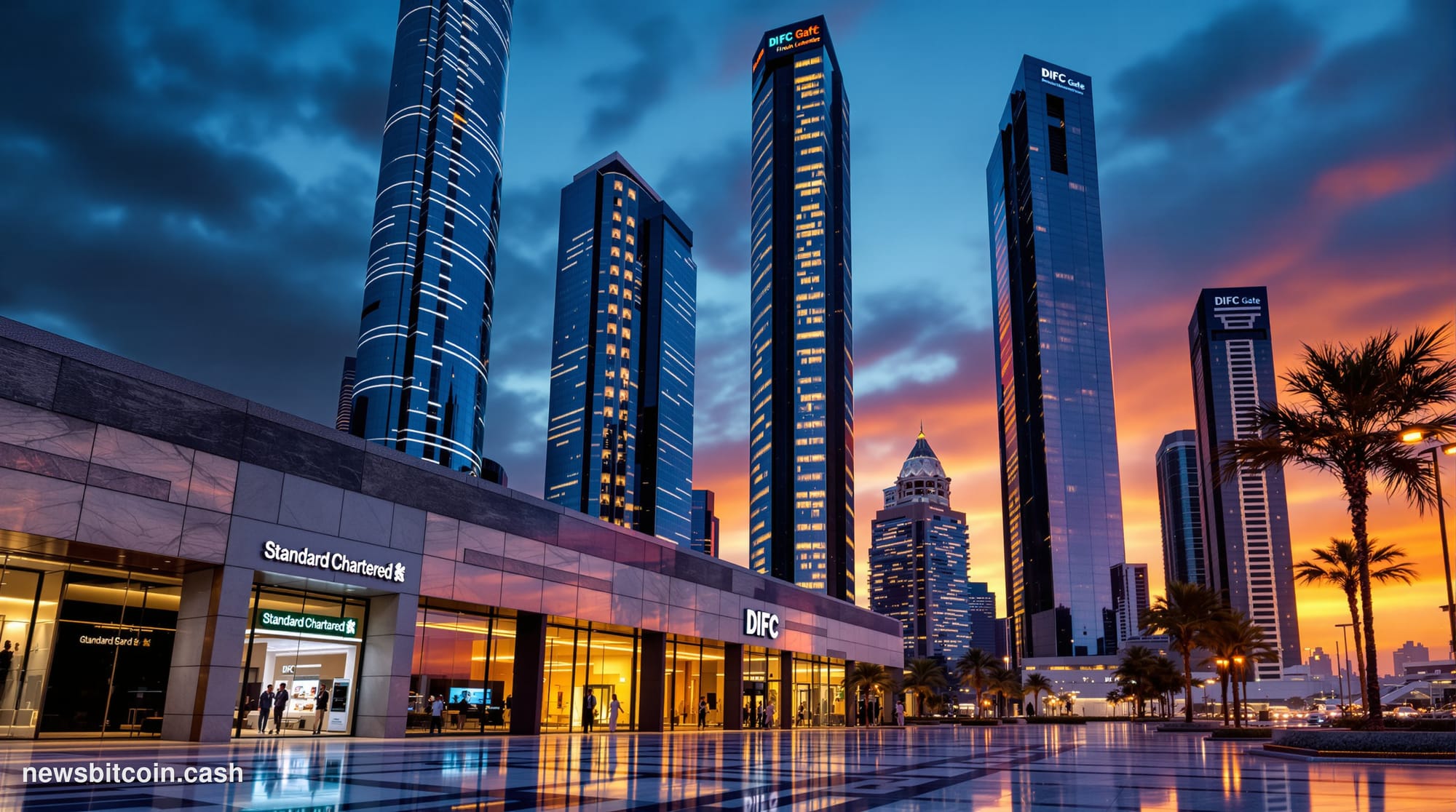 Cinematic photorealistic editorial photograph of the Dubai International Financial Centre skyline at dusk, with the distincti