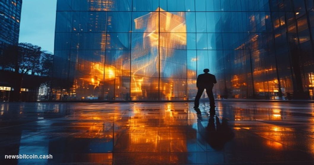 Cinematic photorealistic editorial photograph of a glass-and-steel financial district office tower at dusk, with a large digi