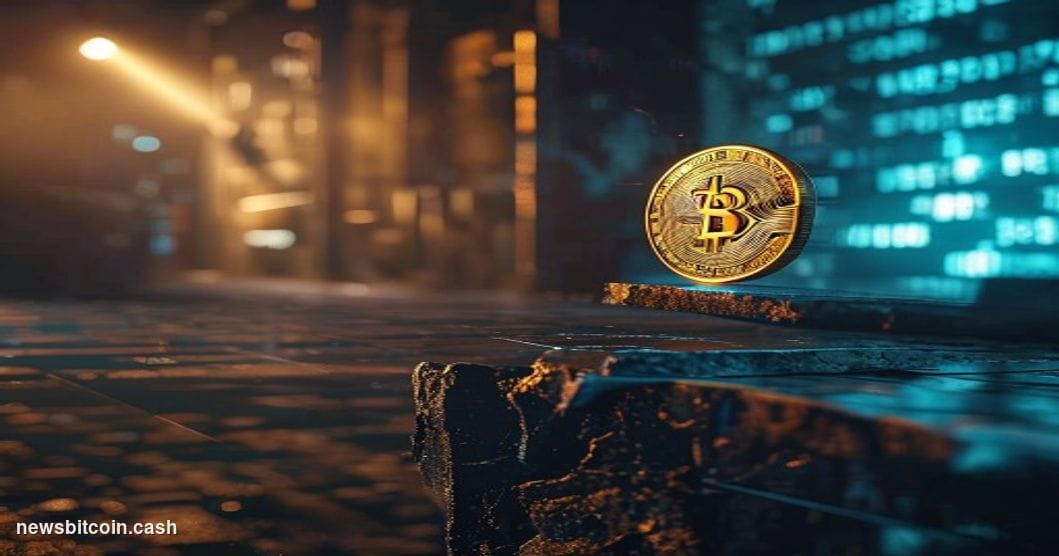 A cinematic photorealistic editorial photograph of a physical gold Bitcoin coin balanced on the edge of a digital precipice, 