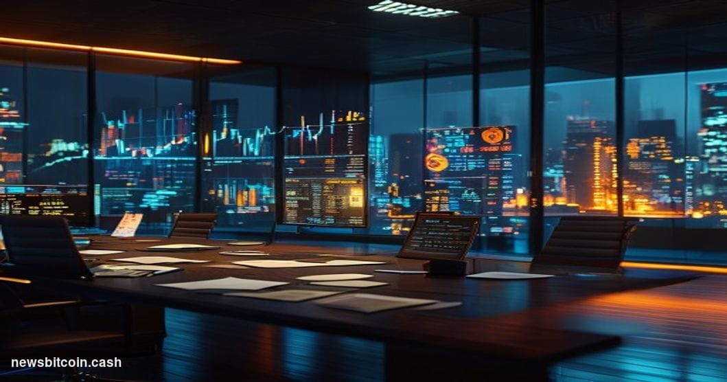 Cinematic photorealistic editorial photograph of a modern corporate treasury operations room at night, with floor-to-ceiling 