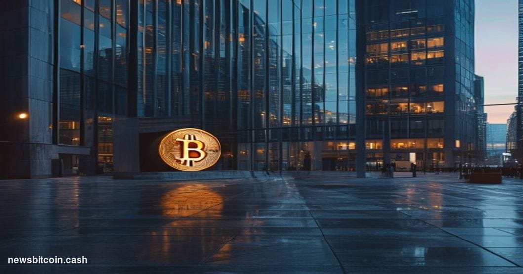 Cinematic photorealistic editorial photograph of a modern corporate headquarters building in an urban financial district, sho