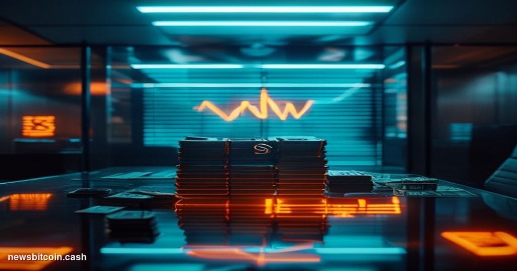 Cinematic photorealistic editorial photograph of a modern corporate treasury room bathed in cool blue-grey light, with a sing