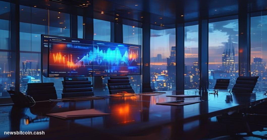 A cinematic photorealistic editorial photograph set inside a sleek corporate boardroom with floor-to-ceiling glass walls over