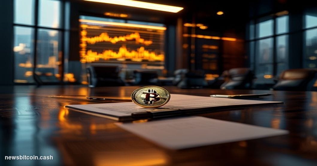 Cinematic photorealistic editorial photograph of a sleek corporate boardroom interior in dramatic low-key lighting, warm ambe