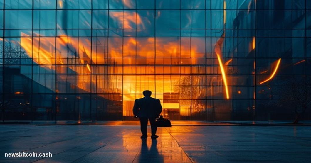 Cinematic photorealistic editorial photograph of a modern corporate headquarters exterior at dusk, glass facade reflecting an