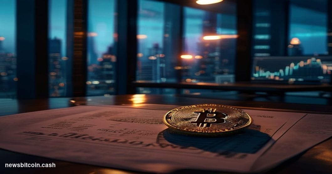 A cinematic photorealistic editorial photograph set inside a dramatically lit financial office at night, shallow depth of fie